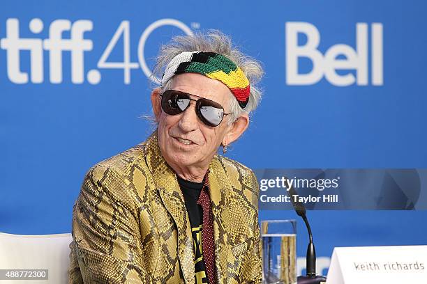 Keith Richards of The Rolling Stones attends a press conference for "Keith Richards: Under the Influence" at TIFF Bell Lightbox during the 2015...