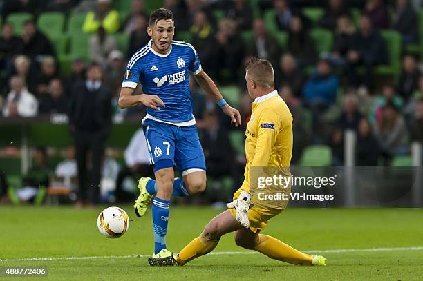 Fc Groningen vs Olympique de Marseille,,Lucas Ocampos of Olympique de Marseille,Sergio Padt of FC Groningen, during the UEFA Europa League match...