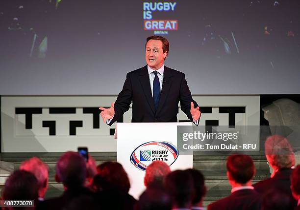 Prime Minister, David Cameron speaks during the RFU Rugby World Cup Welcome Event at the Foreign & Commonwealth Office in London on September 17,...