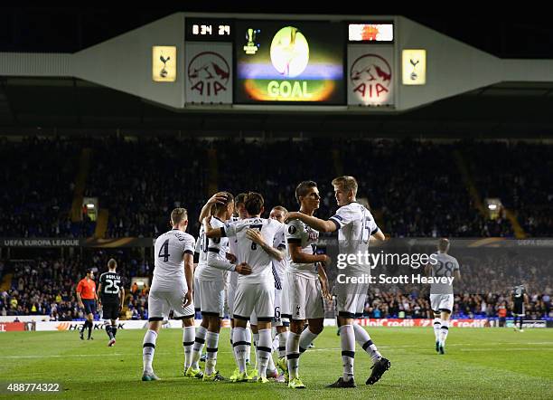 Son Heung-Min of Tottenham Hotspur celebrates scoring the second goal with the team mates during the UEFA Europa League Group J match between...