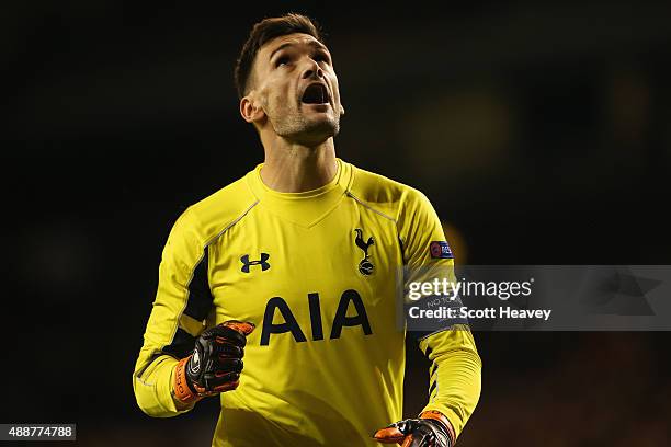 Hugo Lloris of Tottenham Hotspur reacts after Erik Lamela of Tottenham Hotspur scored their third goal during the UEFA Europa League Group J match...