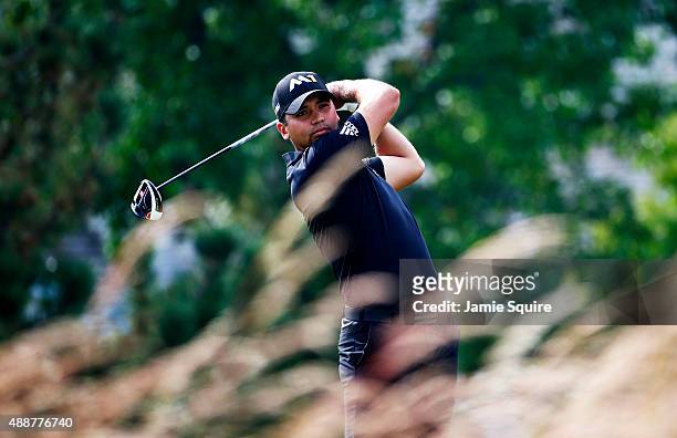 Jason Day of Australia plays his shot from the fourth tee during the First Round of the BMW Championship at Conway Farms Golf Club on September 17,...