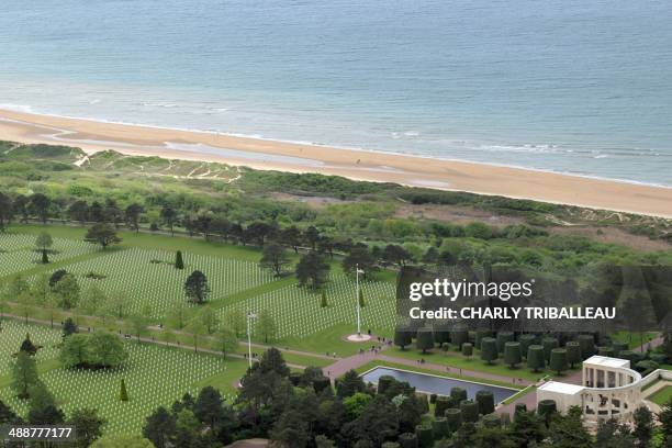 View of the American war Cemetery and Omaha Beach which overlooks the sand dunes where Allied troops turned the tide of the World War II to liberate...