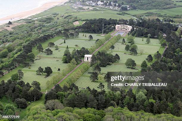 View of the American war Cemetery and Omaha Beach which overlooks the sand dunes where Allied troops turned the tide of the World War II to liberate...