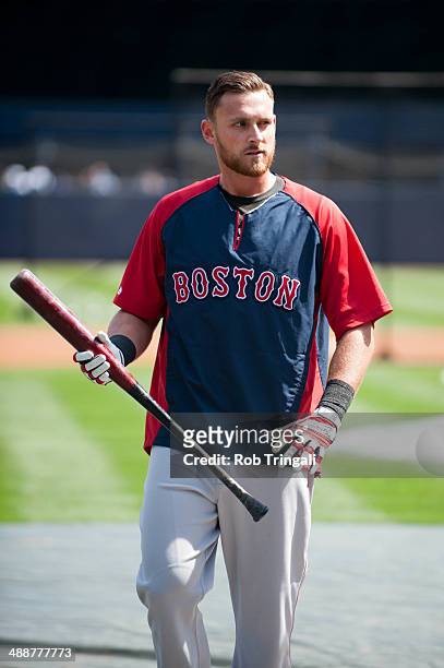 Will Middlebrooks of the Boston Red Sox looks on during batting practice before the game against the New York Yankees at Yankee Stadium on Saturday,...