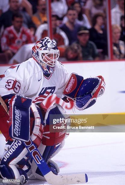 Goalie Mike Richter of the United States defends the net during Game 1 of the 1996 World Cup of Hockey Finals against Canada on September 10, 1996 at...