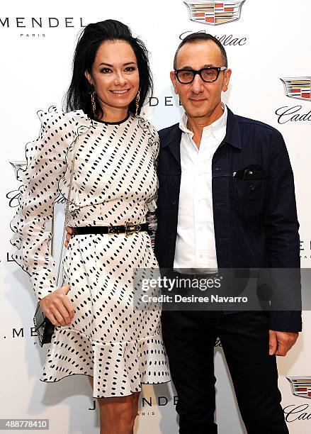 Lisa Airan and designer Gilles Mendel attend J. Mendel Front Row & Backstage Spring 2016 New York Fashion Week at 330 Hudson St on September 17, 2015...