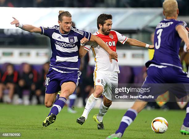 Guillaume Gillet of Anderlecht and Joao Moutinho of Monaco in action during the UEFA Europa League match between RSC Anderlecht and AS Monaco FC at...