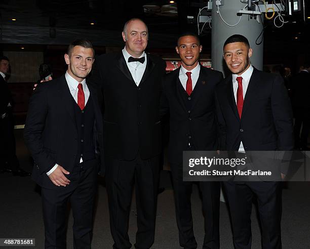 Comedian Dara O'Briain with Jack Wilshere , Alex Oxlade-Chamberlain and Kieran Gibbs at the Arsenal Foundation Charity Ball at Emirates Stadium on...