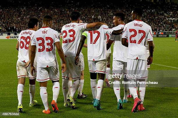 Pedro Chirivella, Jordan Ibe, Emre Can, Mamadou Sakho, Joe Gomez and Divock Origi after the goal of Adam Lallana for Liverpool FC during the Europa...