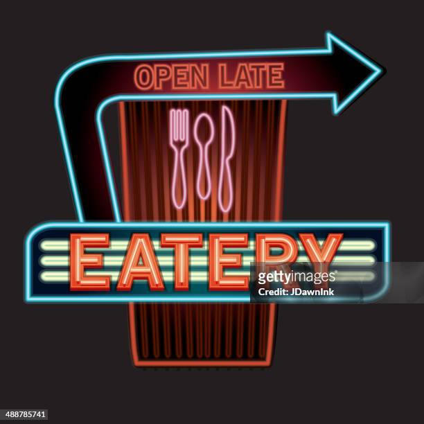 late night retro eatery neon sign with arrows and utensils - neon arrow stock illustrations