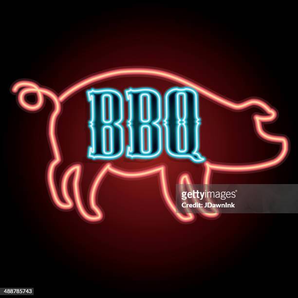 ilustraciones, imágenes clip art, dibujos animados e iconos de stock de barbacoa de cerdo asado con señal de neón - pig