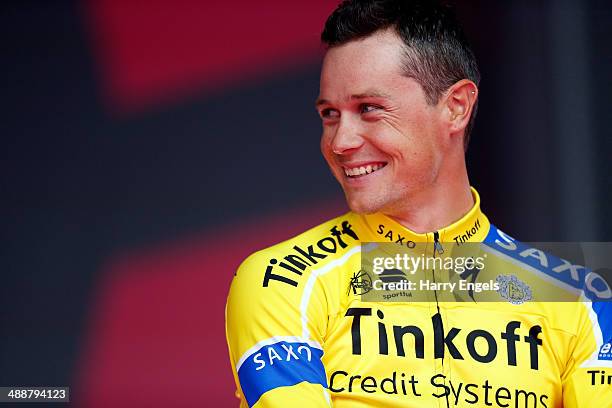 Nicolas Roche of Ireland and team Tinkoff-Saxo looks on during the Team Presentation for the 2014 Giro d'Italia on May 8, 2014 in Belfast, Northern...