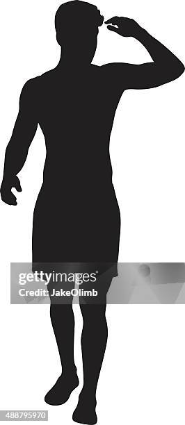 mann mit hand-silhouette augen schattierung - swimwear stock-grafiken, -clipart, -cartoons und -symbole