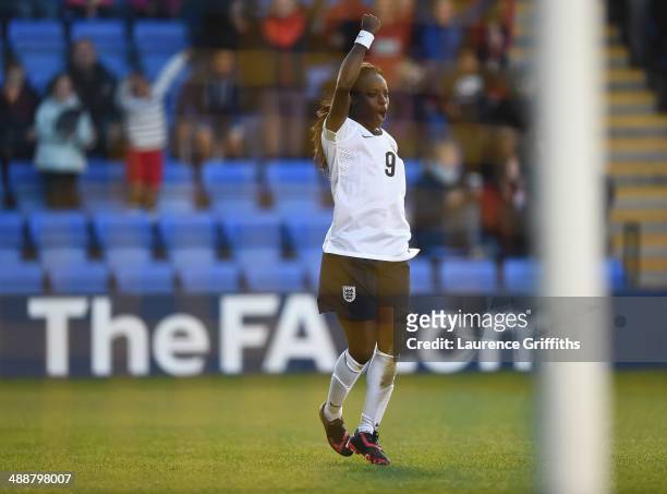 Eniola Aluko of England celebrates the second goal during the Women's World Cup Group Six Qulifier between England and Ukraine at Greenhous Meadow on...