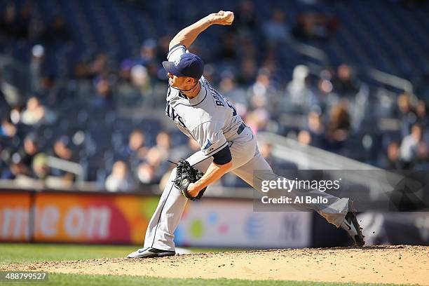 Grant Balfour of the Tampa Bay Rays in action against the New York Yankees during their game at Yankee Stadium on May 4, 2014 in the Bronx borough of...