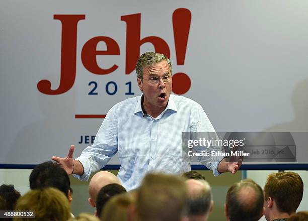 Republican presidential candidate Jeb Bush speaks during a campaign rally at the Veterans Memorial Leisure Services Center on September 17, 2015 in...