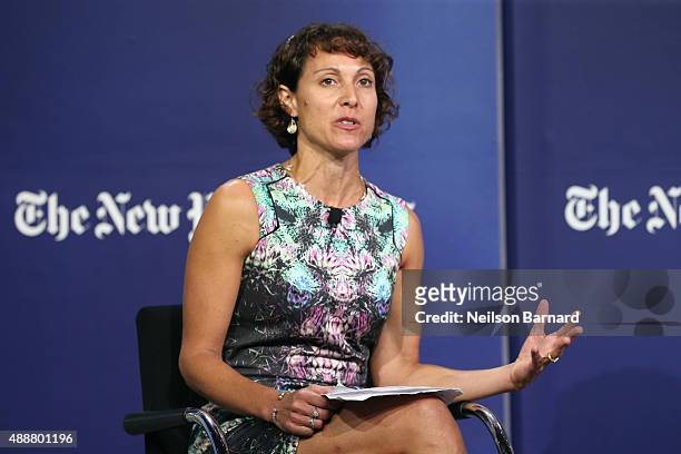 Staff writer, The New York Times Magazine, Emily Bazelon speaks onstage during the New York Times Schools for Tomorrow conference at New York Times...