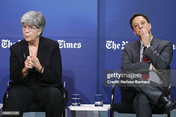 President of Sports Management Resources, Donna Lopiano Ph.D., and partner at OSKR, Andy Schwarz speak onstage during the New York Times Schools for...