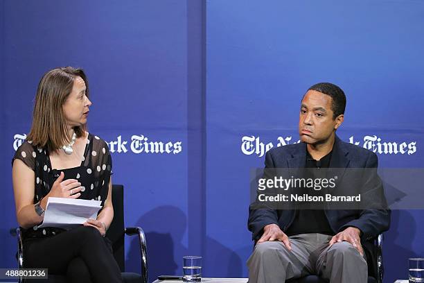 Reporter, The New York Times Motoko Rich and author, columnist and professor at Columbia University, John McWhorter speak onstage during the New York...