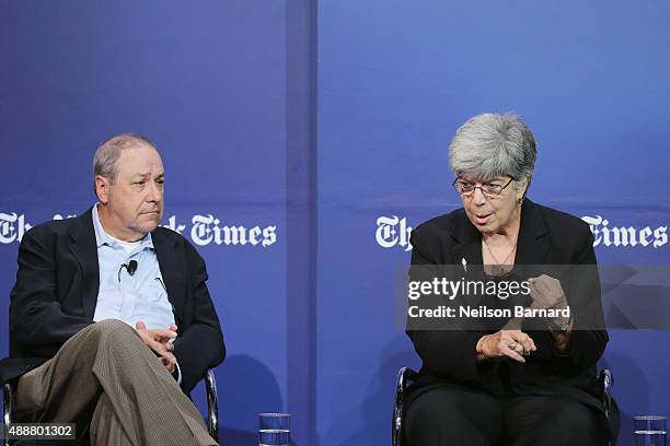 Op-Ed columnist, The New York Times, Joe Nocera and president of Sports Management Resources, Donna Lopiano Ph.D. Speak onstage during the New York...