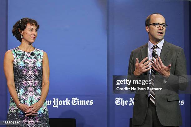 Staff writer, The New York Times Magazine, Emily Bazelon and editor of The Upshot, David Leonhardt speaks onstage during the New York Times Schools...