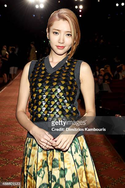 Taiwanese actress Puff Guo attends the Marc Jacobs Spring 2016 fashion show during New York Fashion Week at Ziegfeld Theater on September 17, 2015 in...
