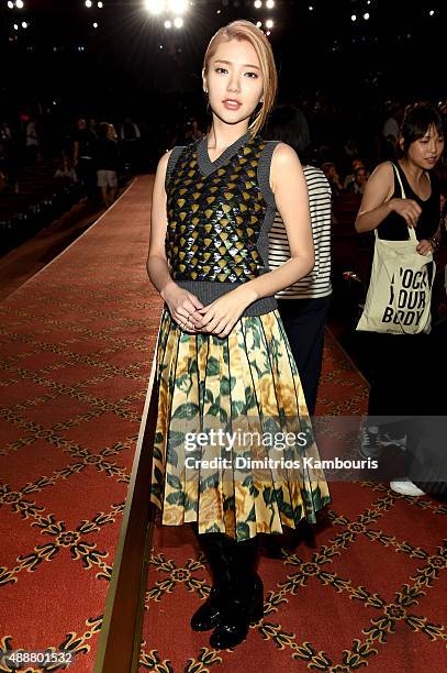 Taiwanese actress Puff Guo attends the Marc Jacobs Spring 2016 fashion show during New York Fashion Week at Ziegfeld Theater on September 17, 2015 in...