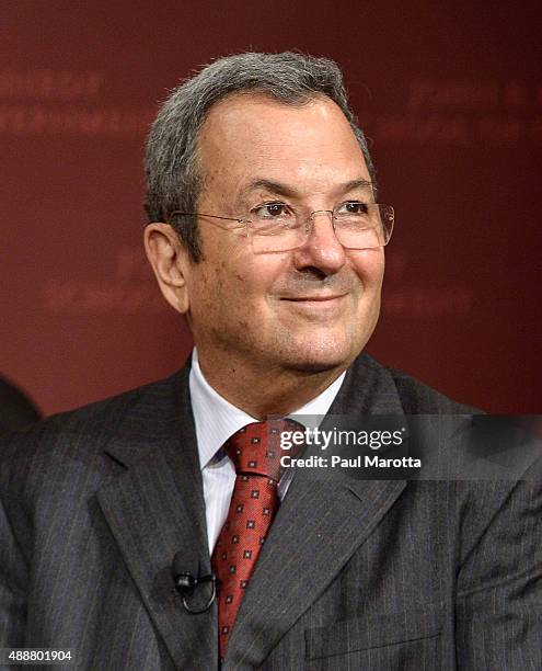 Israel's 10th Prime Minister Ehud Barak speaks at "A Conversation with Ehud Barak" at the Harvard University Kennedy School of Government John F....