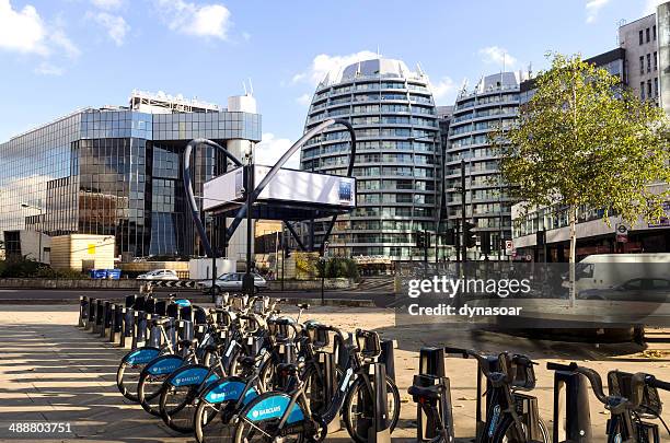 london tech city, old street roundabout - bike sharing stock pictures, royalty-free photos & images