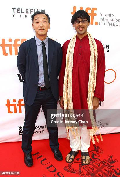 Ken Ono and Manjul Bhargava attend "The Man Who Knew Infinity" premiere during the 2015 Toronto International Film Festival at Roy Thomson Hall on...