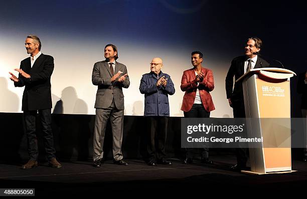 Actor Jeremy Irons, producers Jim Young, Edward R. Pressman, guest and writer/Directror Matt Brown and TIFF Director and CEO Piers Handling onstage...