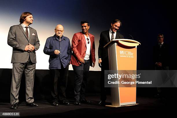 Producers Jim Young, Edward R. Pressman, guest and director Matthew Brown attend "The Man Who Knew Infinity" premiere during the 2015 Toronto...