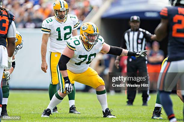 Lang of the Green Bay Packers prepares to block during a game against the Chicago Bears at Soldier Field on September 13, 2015 in Chicago, Illinois....