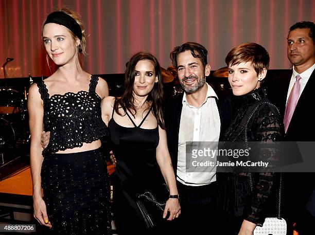 Mackenzie Davis, Winona Ryder, designer Marc Jacobs and Kate Mara attend the Marc Jacobs Spring 2016 fashion show during New York Fashion Week at...