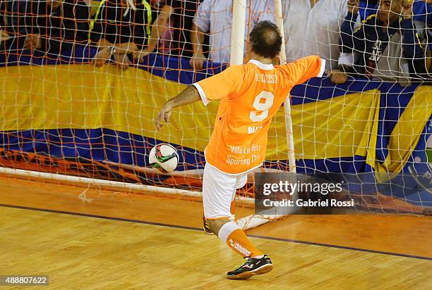 Daniel Scioli Governor of Buenos Aires, kicks the ball to score during a Copa Juana Azurduy match at Villa La Ñata Stadium as part of Evo Morales,...