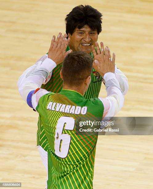 Evo Morales, President of Bolivia and celebrates his team's goal during a Copa Juana Azurduy match at Villa La Ñata Stadium as part of Evo Morales,...