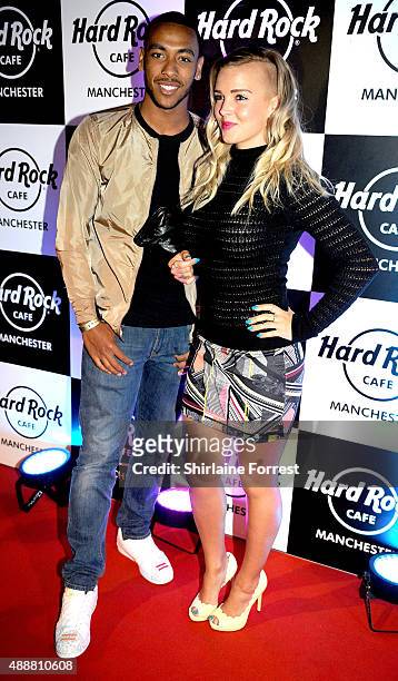 Josh Daniels and Leonna Mayor attend the 15th birthday party of Hard Rock Cafe on September 17, 2015 in Manchester, England.