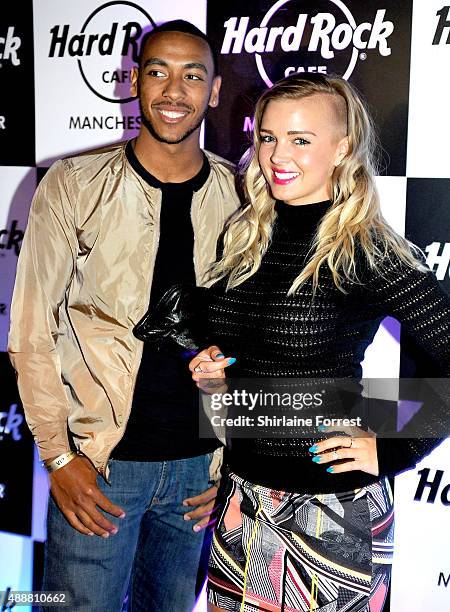 Josh Daniels and Leonna Mayor attend the 15th birthday party of Hard Rock Cafe on September 17, 2015 in Manchester, England.