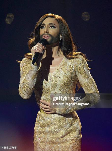 Conchita Wurst of Austria performs on stage during the second Semi Final of the Eurovision Song Contest 2014 on May 8, 2014 in Copenhagen, Denmark.