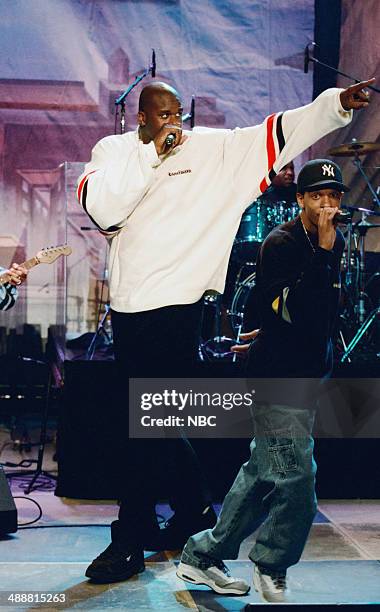 Episode 1202 -- Pictured: Musical guests Shaquille O'Neal and Peter Gunz perform on August 6, 1997 --