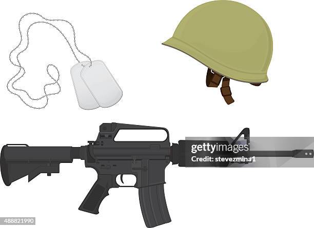 stockillustraties, clipart, cartoons en iconen met green camouflage military helmet, machine gun, dog tags - army helmet