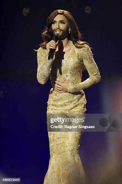 Conchita Wurst of Austria performs on stage during the second Semi Final of the Eurovision Song Contest 2014 on May 8, 2014 in Copenhagen, Denmark.