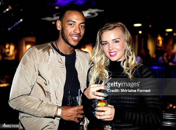 Josh Daniels and Leonna Mayor attend the 15th birtday party of Hard Rock Cafe on September 17, 2015 in Manchester, England.