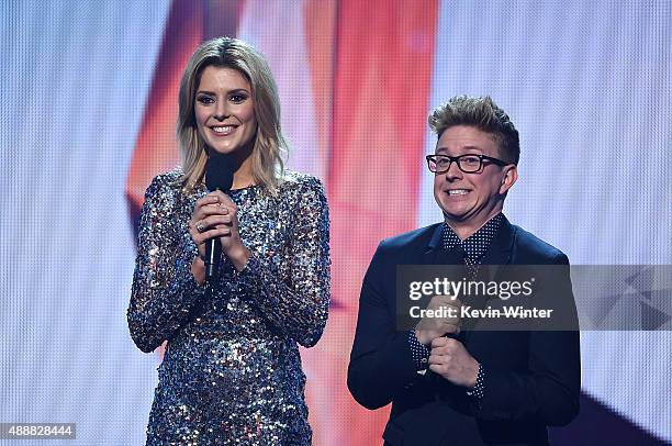 Internet personalities Grace Helbig and Tyler Oakley speak onstage at VH1's 5th Annual Streamy Awards at the Hollywood Palladium on Thursday,...