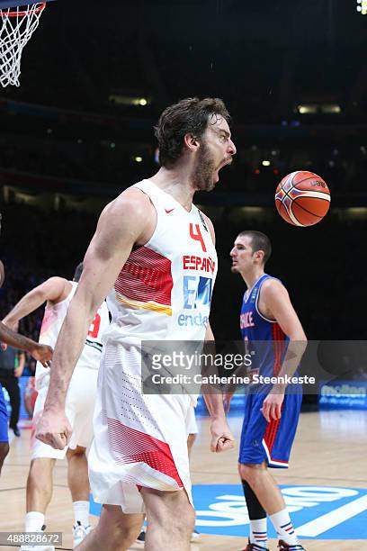 Pau Gasol of Spain is reacting to a play during the EuroBasket Semi Final game between Spain v France at Stade Pierre Mauroy on September 17, 2015 in...