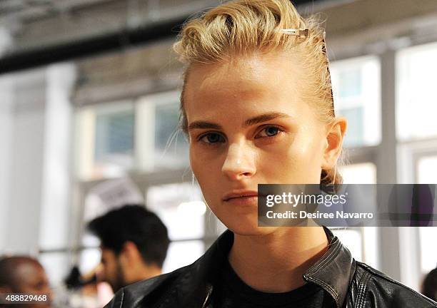 Model poses backstage during J. Mendel Spring 2016 New York Fashion Week at 330 Hudson St on September 17, 2015 in New York City.