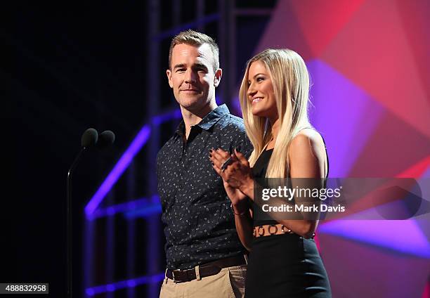 Actor James Van Der Beek and internet personality Justine Ezarik speak onstage at VH1's 5th Annual Streamy Awards at the Hollywood Palladium on...