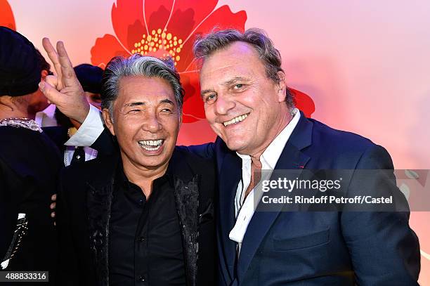 Kenzo Takada and Fashion Designer Jean-Charles de Castelbajac attend the Kenzo Takada's 50 Years of Life in Paris Celebration at Restaurant Le Pre...