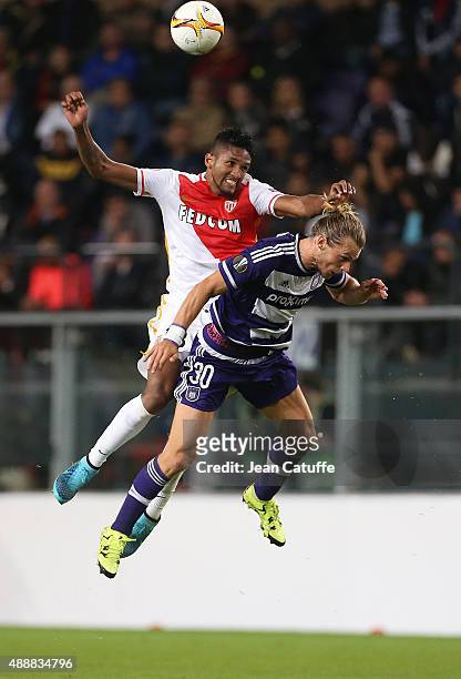Wallace Fortuna dos Santos of Monaco and Guillaume Gillet of Anderlecht in action during the UEFA Europa League match between RSC Anderlecht and AS...